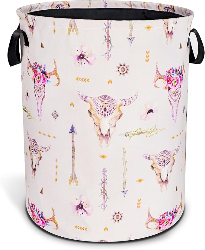 Bohemian Cow Skull Laundry Basket Ethnic Style Foldable Oxford Cloth Funny Tote Bag Laundry Hamper Clothes Storage Bucket Toy Organizer For Bathroom/Laundry Storage/Bedroom 18.9x16.5 Inch