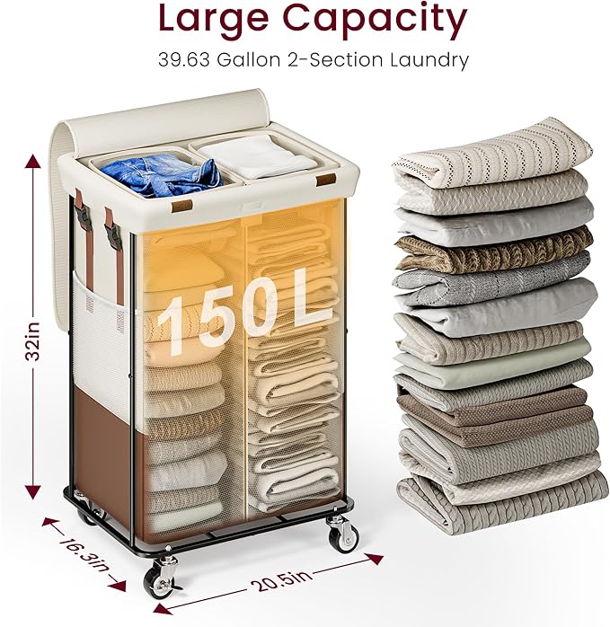 150L Rolling Laundry Basket with Wheels, Double Laundry Hamper with Lid and 2 Removable Bags, 2 Section Large Dirty Clothes Hamper for Laundry Room Bedroom Bathroom Dorm 19.7"Wx15.7"Dx31.9"H, White