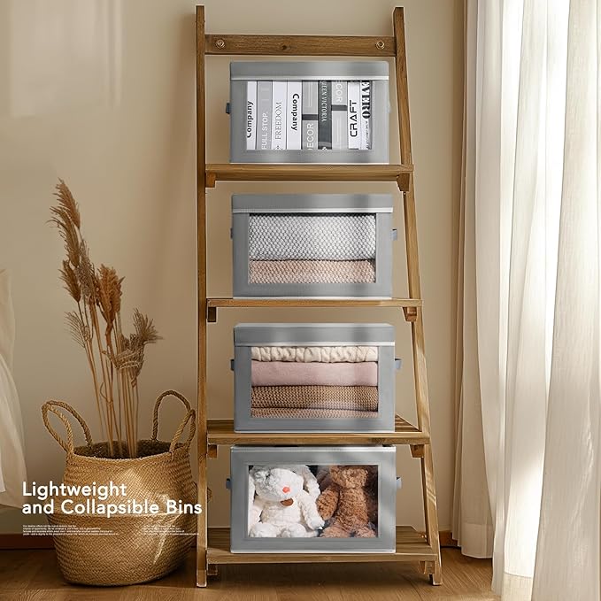 Large Storage Baskets Bins with Lids - Stackable Cube Bins for Closet, 3 Pack Grey Windows Organizer Bins, Home Organizers and Storage for Clothes, CD, Towels