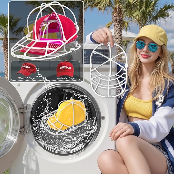 Hat Washer Cage for Washing Machine - Baseball Cap Cleaner Rack, Ball Cap Washing, Dishwasher Safe, Perfect for Cleaning and Protecting Hats in Dishwasher (White 2Pack (Assembly))