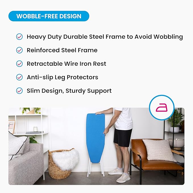 M Maxima | Ironing Board | Size 43x12'' | Retractable Wire Iron Rest | 4 Leg Iron Board | Thick Heavy Padded 4 Layers, Scorch Resistant Foam Cover