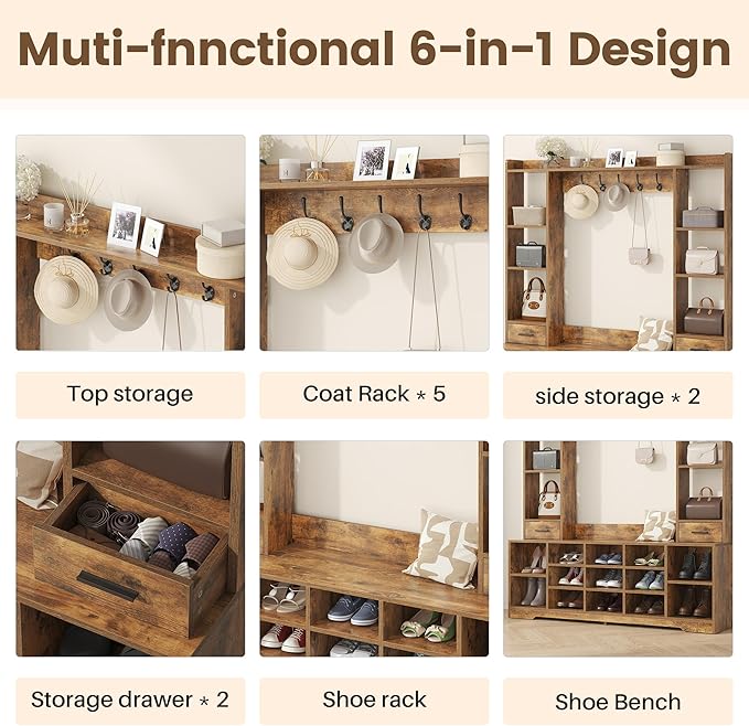 61.6" H White Hall Tree with Bench and Shoe Storage, 6-in-1 Multi-Functional Entryway Bench with 2 Drawers, 5 Coat Racks, Shoe Rack with 13 Shoe Cubbies, Entryway Storage Organizer, Brown
