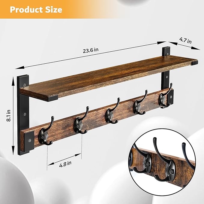Coat Rack Wall Mount with Hooks and Shelf for Coat, Backpack, Key, Clothes Hanger, Wall Floating Shelf for Entryway, Living Room, Bathroom, Bedroom, Kitchen