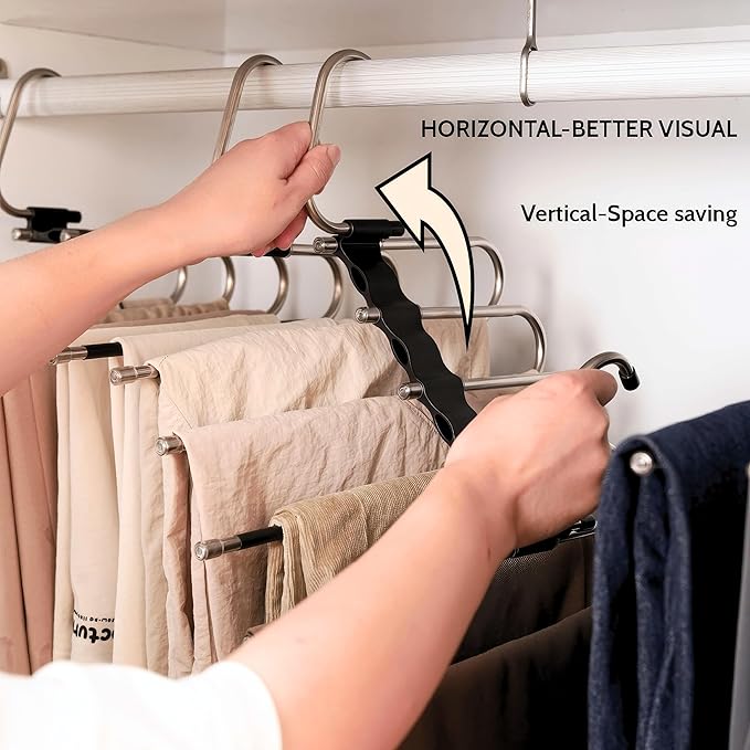 2 Pack Pants Hangers Space Saving- Multi Pants Hanger Save 80% Space - 5 in 1 Pant Rack Hanger for Clothes Organizer, Multifunctional Pants Rack with 10 Stainless Steel Anti-Slip.