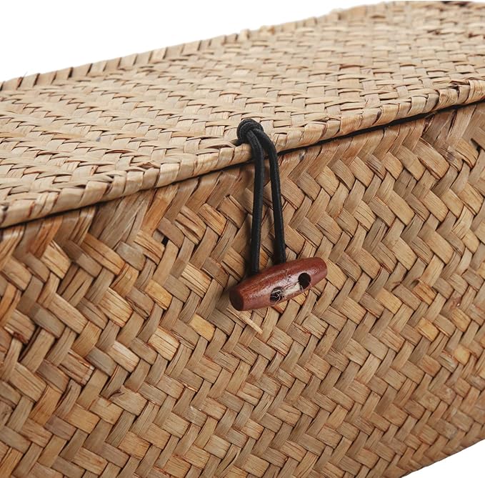 Seagrass Tank Basket with Lid Woven Toilet Roll Storage Basket with Sections Rectangular for Organize Snack Toys Tampon (Large Compartment 16.5inch L x 5.5inch W x 5.5inch H) Natural