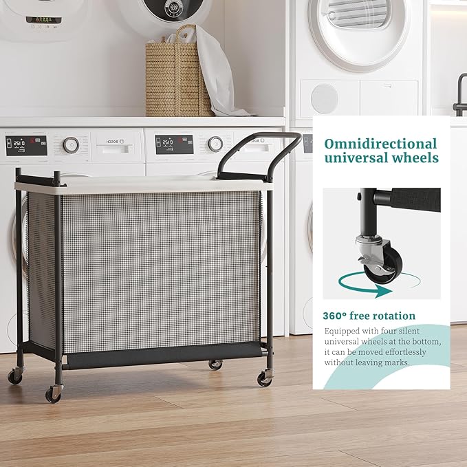 Laundry Hamper with Wheels - 2 Section Laundry Basket 160L, Removable Washable Bags, Height-Fitted Rolling Laundry Cart for Laundry Room & Bedroom