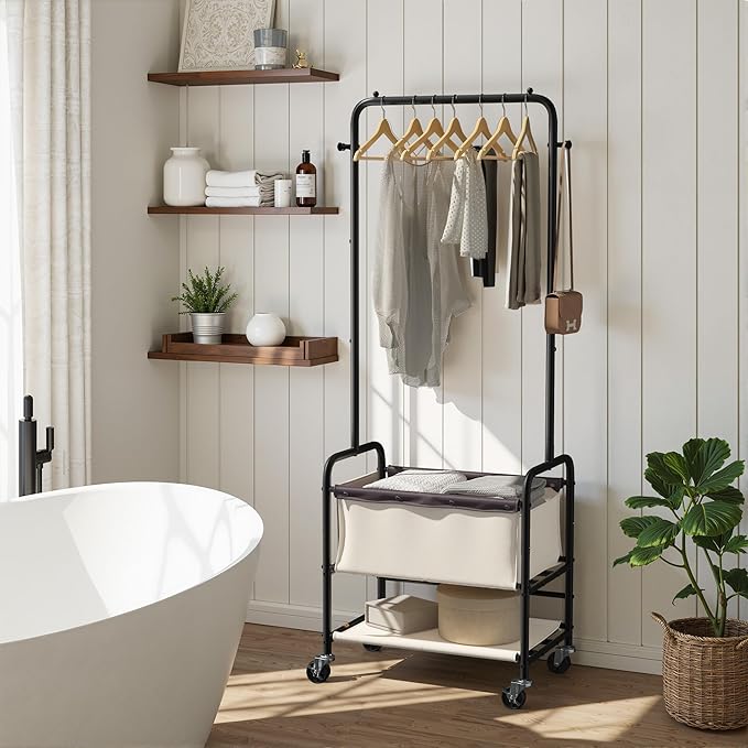 StorageWorks Laundry Cart with Hanging Rack, Rolling Laundry Hamper, Laundry Basket with Wheels, Laundry Room Clothes Sorter Storage Basket and Shelf, Beige