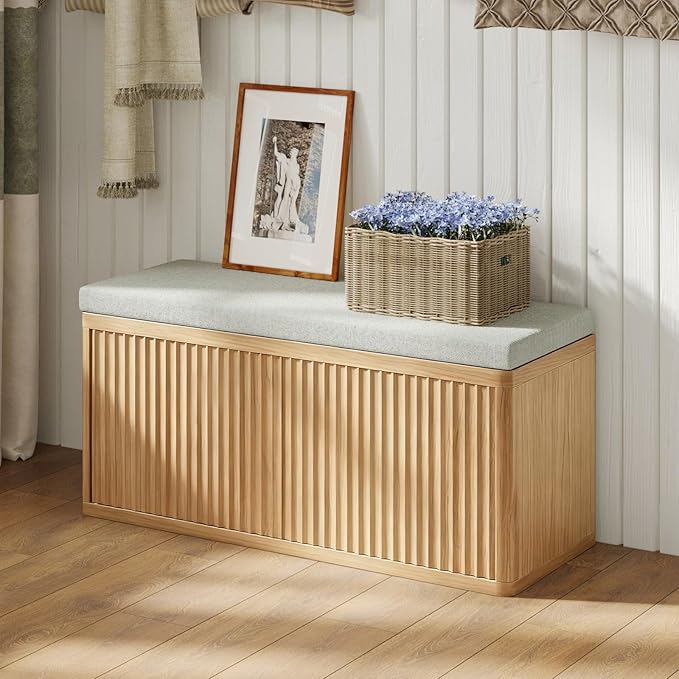 Double Layered Shoe Cabinet with Bench,Wooden Shoe Bench with Soft Cushion,Double Door without Handle Pressing Spring,Fluted Panel,Suitable for Entrance,Corridor and Living Room (Shoe Bench-Light Oak)