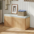 Double Layered Shoe Cabinet with Bench,Wooden Shoe Bench with Soft Cushion,Double Door without Handle Pressing Spring,Fluted Panel,Suitable for Entrance,Corridor and Living Room (Shoe Bench-Light Oak)