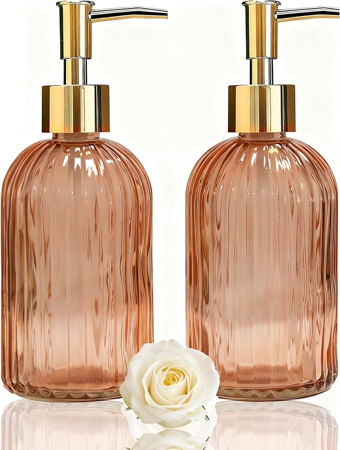 Glass Soap Dispenser with Gold Plastic Pump, 13.5oz Glass Striped Hand Soap Dispenser, 2 Refillable Hand Liquid Dispenser Set for Modern Home Decor, Bathroom, Kitchen Countertop, Hotel (Orange)