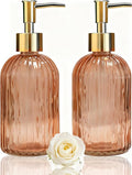 Glass Soap Dispenser with Gold Plastic Pump, 13.5oz Glass Striped Hand Soap Dispenser, 2 Refillable Hand Liquid Dispenser Set for Modern Home Decor, Bathroom, Kitchen Countertop, Hotel (Orange)