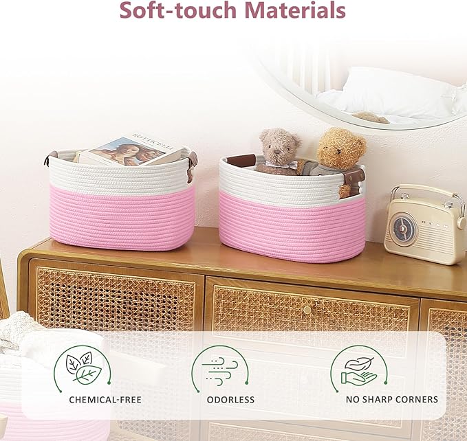 Cotton Rope Basket, Storage Baskets with Handle, 15x10x9 Inch Woven Basket for Shelves, Laundry, Towels, Clothes, Books (White/Pink 1Pack)