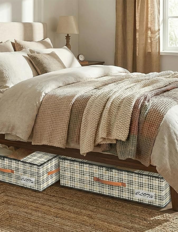 TOSKING 2-Pack Under Bed Storage with Wheels and 4 Vacuum Seal Bags, 7.9 Inch 47L Clear Lid Organizer, Space Saving for Bedding Blankets Clothes ShoesToys, Quick Assembly,Houndstooth
