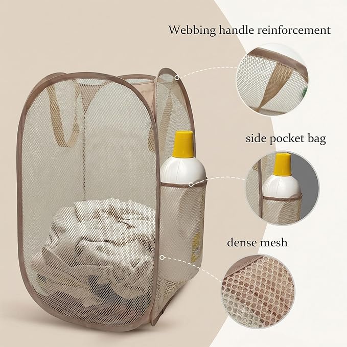 The upgraded pop-up laundry basket features a breathable side pocket mesh design, making it ideal for rooms, apartments, dormitories, travel, business trips, and children's storage (1,light brown)