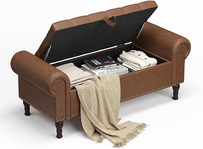 YOUDENOVA 51" Entryway Bench with Storage, PU Leather Storage Bench Chest with Tufted Button, Upholstered Storage Ottoman Bench with Rolled Arms for Bedroom, Living Room, Storage Room, Brown