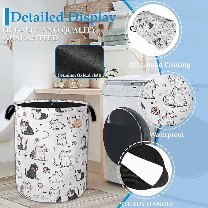 Cartoon Cat Laundry Basket Collapsible Laundry Hamper Oxford Storage Bin for Clothes Storage, Toy Organizer, Books and Sundries 16" X 20.8"