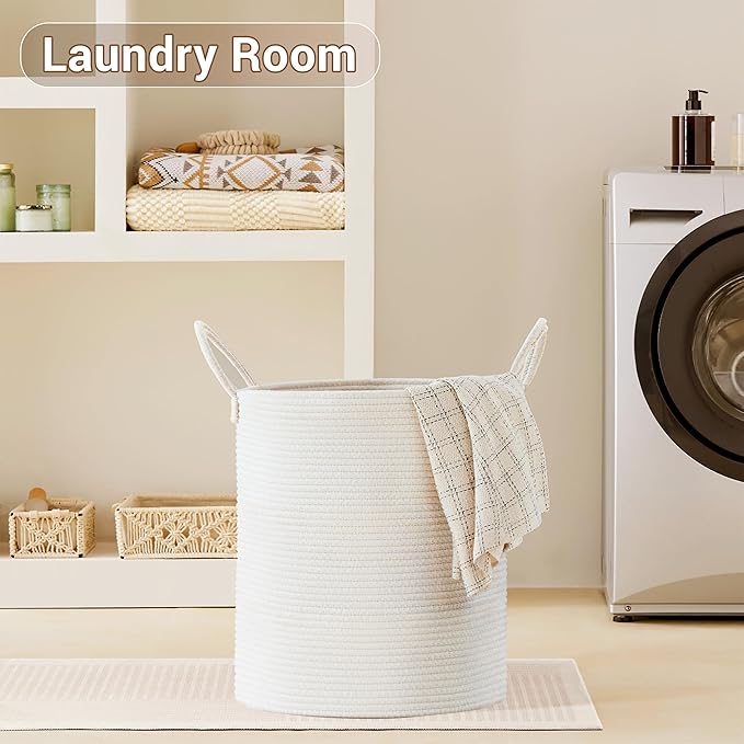 Tall Laundry Basket with Handles, 88L Portable Dirty Clothes Hamper, Boho Cotton Rope Storage Bin for Blankets Kids Toys Gifts, Large Organizer for Baby Nursery Bedroom Bathroom, White