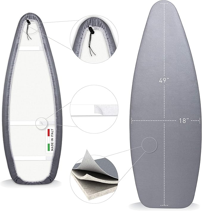 TIVIT Oval Ironing Board Cover 18 x 49” – Made in Italy, Alumitek PRO Heat-Reflective, Thick 4-Layer Padding, Scorch & Stain Resistant