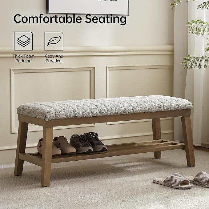 VKNOW Entryway Bench, 44.4" Upholstered Storage Shoe Bench for Entryway & Bedroom, Shoe Rack Bench with Rubberwood Legs, Modern End of Bed Bench for Living Room and Hallway, Beige