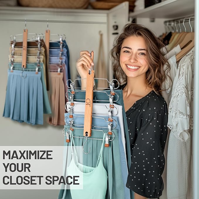 2 Pack Skirt Hangers with Clips, Space Saving Beechwood 5 Tier Pants Hangers with 360° Swivel Hook, Closet Organizer for Skirts, Pants, Tank Top-College Dorm Room Essentials (Wood Color)