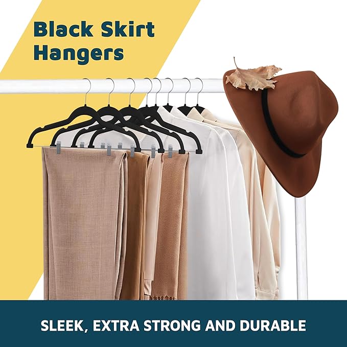 Lifemaster Velvet Skirt Hangers – with Adjustable Clips, 360 Degree Swivel Hook, and Non-Slip Shoulder Notch, Holds Up to 10 lbs, for Organizing Skirt, Pants, Dress, and Clothes, Pack of 10, Black