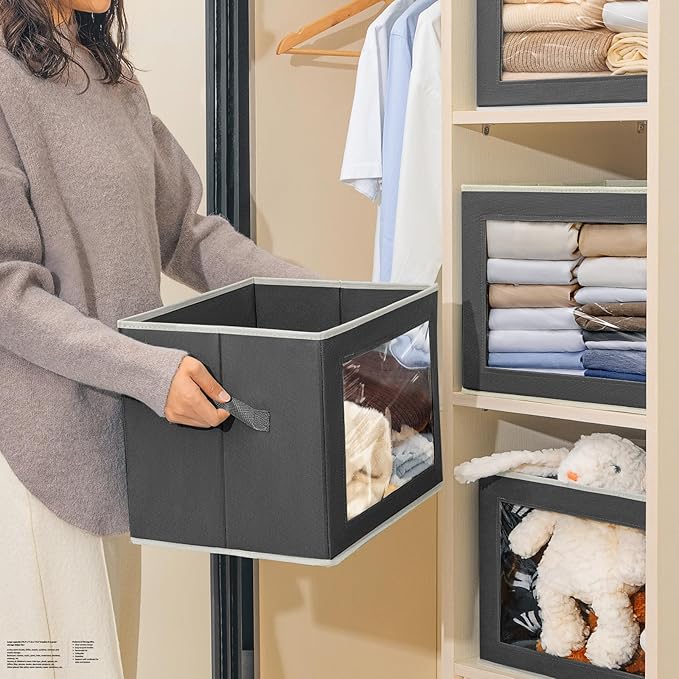 Stackable Storage Bins with Lids - Large Decorative Basket with Lids, Fabric Foldable Closet Organizer Bins, Shelf Organizer for Living Room, Dorm, 5 Pack, Dark Grey
