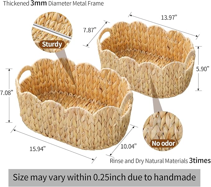 Scalloped Basket Set of 2,Water Hyacinth Basket for Organizing and Decor,Hand-Woven Wicker Storage Baskets with Built-In Handles for Nursery,Gift,Laundry