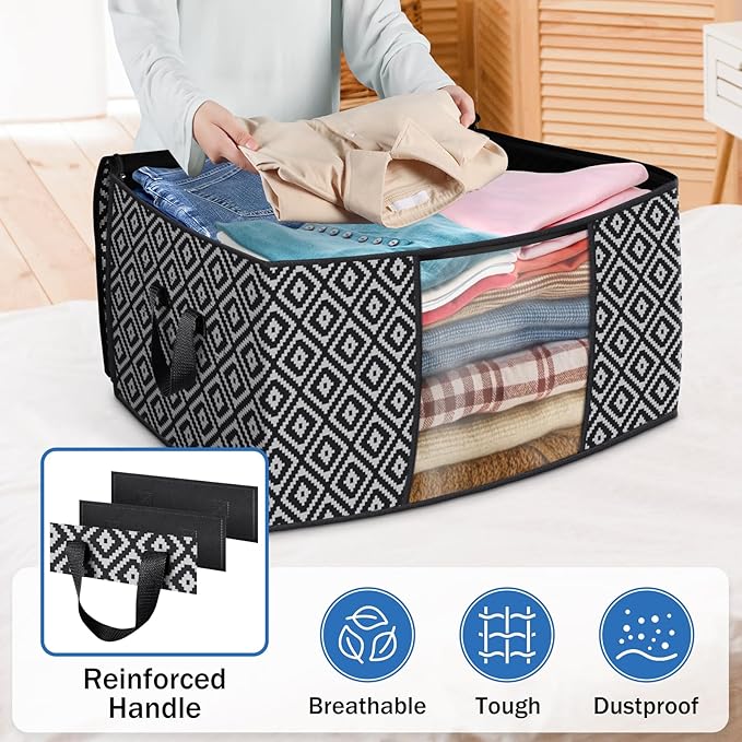 Direct 100L, 4 Pack, Storage Containers, Large Clothes Storage Bins Foldable Organization and Storage Bags with Reinforced Handle, Clear Window for Bedding, Blankets, Clothing, Black