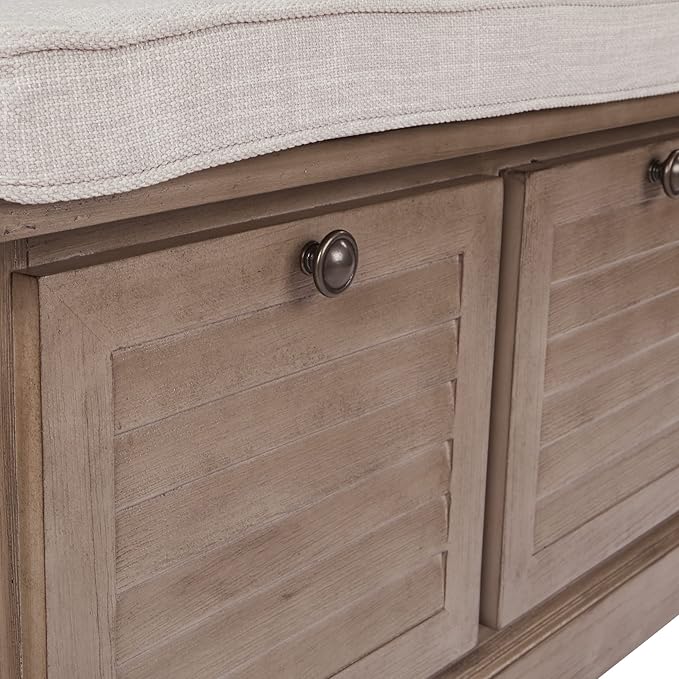 OSP Home Furnishings Dover Coastal Lift-Top Storage Bench with Shutter Face Styling, Antique Grey Finish with Off-White Linen Fabric Cushion