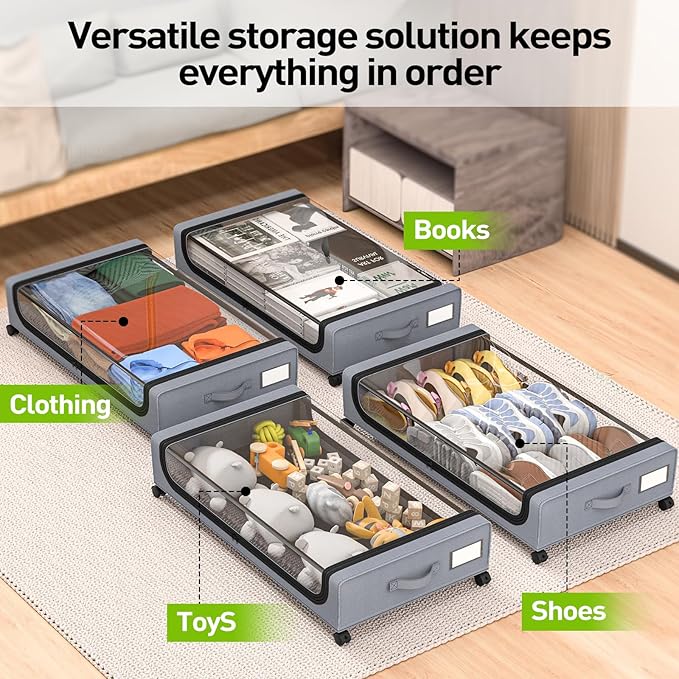 APSARAS USA Underbed Storage with Wheels, Under Bed Storage Containers with Clear Window, Rolling Drawers & Bins for Shoes Clothes in Dorm Bedroom, Easy Pull-out Black 2-Pack- Space-Saving