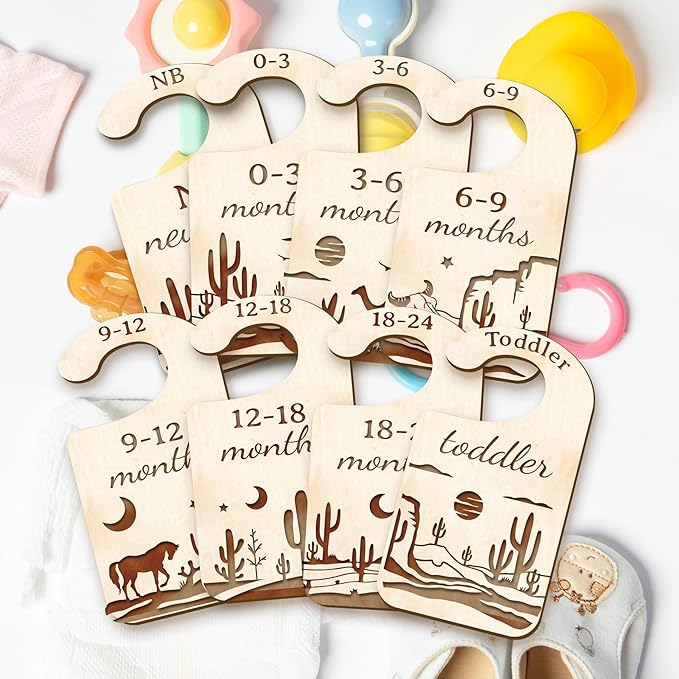 CRASPIRE 10Pcs Desert Wood Baby Wardrobe Dividers Nursery Decor from Newborn to 36 Month Closet Organizers Camel Pattern Hanger Seperaters Baby Nursery Wardrobe Hangers Divider for Newborn Shower