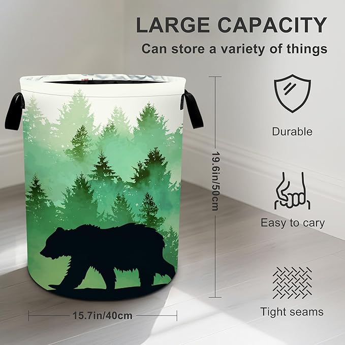 Misty Forest Bear Laundry Basket Laundry Hamper With Handles Collapsible Laundry Baskets Storage Basket For Room Bathroom Bedroom Decor