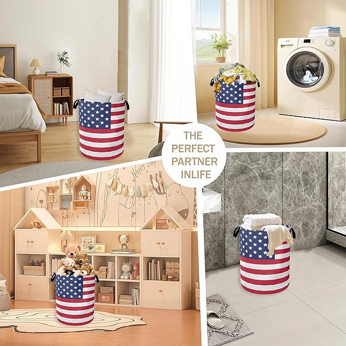 Collapsible Laundry Basket,American Flag Dirty Clothes Hamper,Memory Day Hampers for Bedroom Waterproof Oxford Cloth Storage Organizer for Bathroom,Nursery,Dorm,16x20 Inch