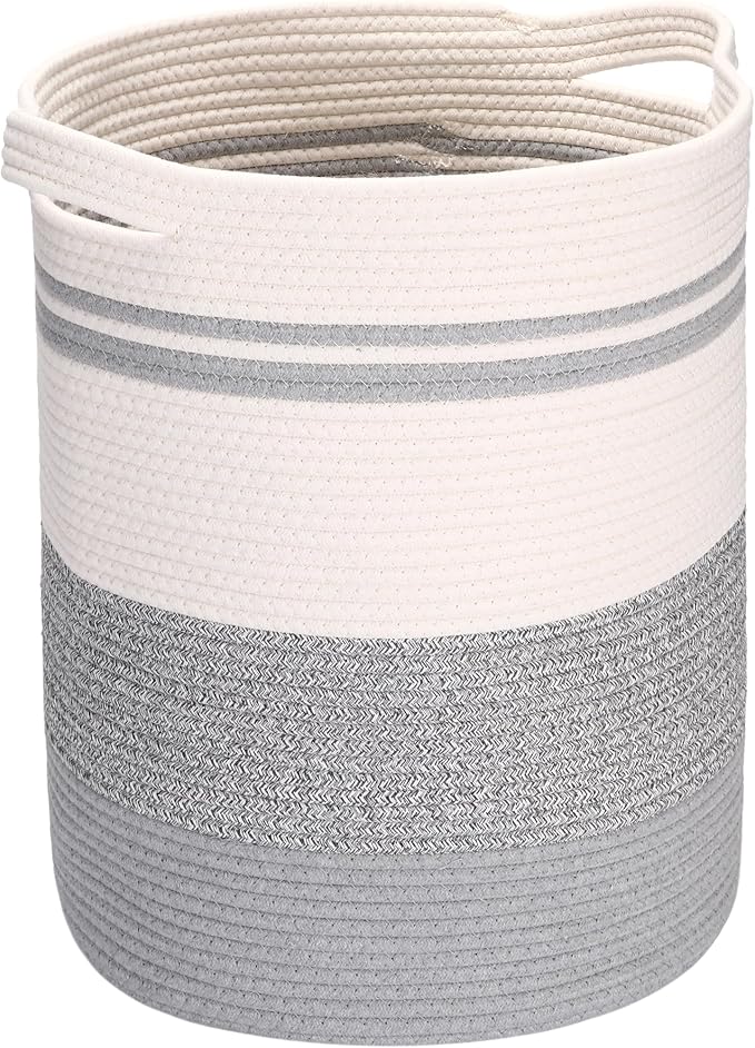 Sea Team Large Size Cotton Rope Woven Storage Basket with Handles, Laundry Hamper, Fabric Bucket, Drum, Clothes Blankets Organizer for Kid's Room, 18 x 20 inches, Round Open Design, White & Grey