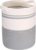 Sea Team Large Size Cotton Rope Woven Storage Basket with Handles, Laundry Hamper, Fabric Bucket, Drum, Clothes Blankets Organizer for Kid's Room, 18 x 20 inches, Round Open Design, White & Grey