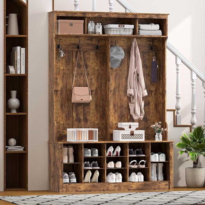 Hall Tree with Bench and Shoe Storage, 53" Farmhouse 4-in-1 Mudroom Storage Organizer with Coat Rack, 6 Hooks, 12 Shoe Cubbies, Adjustable Shelf, for Entryway, Hallway, Living Room, Brown