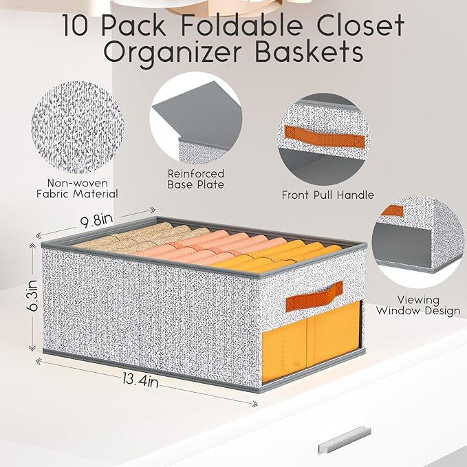Drawer Organizers and Storage - 10 Pack Foldable Pants Organizer with Clear Window & Handles, Fabric Closet Organizer for Clothes, Jeans, Sweaters, Towels, T-shirt, Scarf (Ant Light Gray)