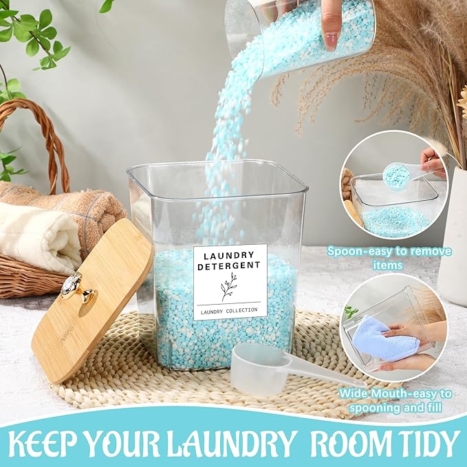 5 Pcs Laundry Room Organization Storage Containers 4 Large 3L Laundry Pod Containers and Dryer Sheet Holder with Bamboo Lids 18 Labels 4 Scoops for Detergent Powder Laundry Organizer