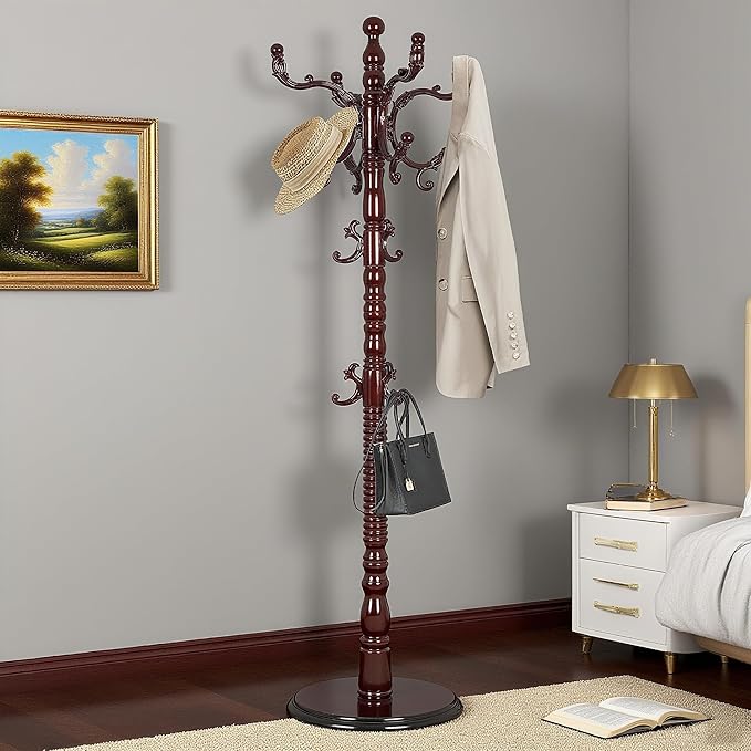 73”Vintage Wooden Coat Rack Freestanding,With 14 Hooks and Sturdy Round Base.Sturdy and Durable Standing Coat Racks，Adjustable Wooden Freestanding Coat Rack for Offices, Bedrooms (Mahogany)