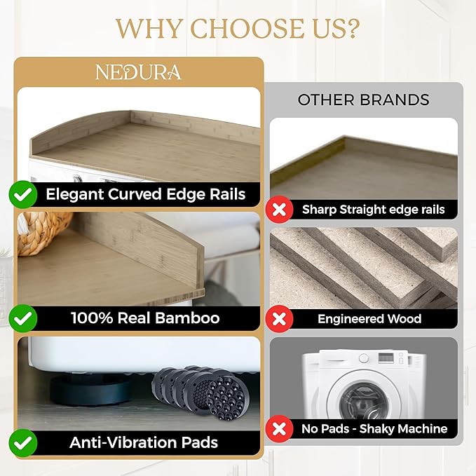 Nedura Washer Dryer Countertop w/Anti-Vibration Pads & Curved Edge Rails, Premium Bamboo Laundry Countertop, Washer Dryer Topper, Laundry Room Organization, Laundry Room Accessory - Driftwood