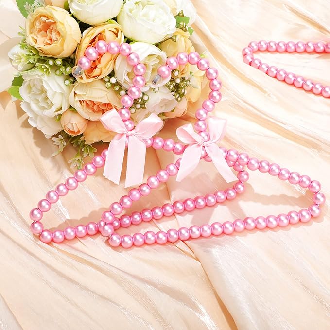 Wesiti 25 Pcs Small Pearl Hanger Mini Pearl Metal Elegant Clothes Hangers with Ribbon for Women Dog Cat (Pink)