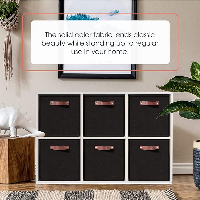 Ornavo Home 11 x 11 Storage Cube Bins, Foldable Collapsible Fabric Storage Bins Box Linen Shelf Basket Cube Organizer for Closet with Leather Handles, 6 Pack, Black
