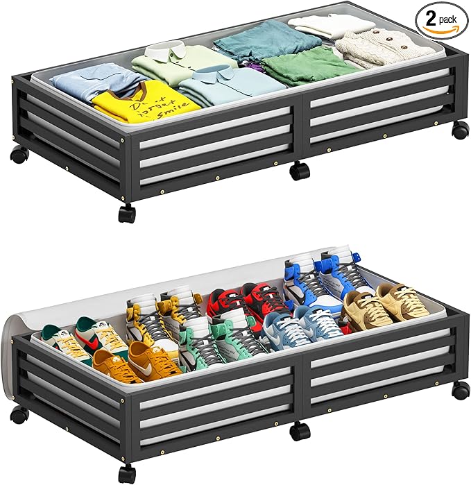 Wisuce Bamboo Under Bed Storage Containers- Underbed Organizer with Wheels with Large Dust Bag,Sturdy Wood Rolling Under the Bed Shoe Storage Organizer Drawer 2 Packs (Black, Long)