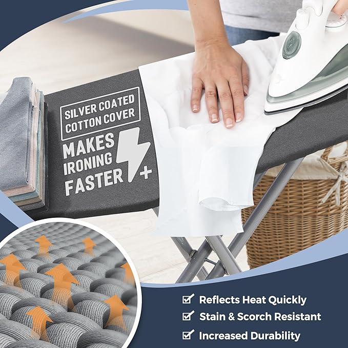 STO STO Ironing Board 45" x 14" with Iron Holder, Adjustable Height 29" to 36", Full Size Foldable Iron Board with Silver Coated Cotton Removable Cover, Sturdy Steel Frame and Legs, Gray