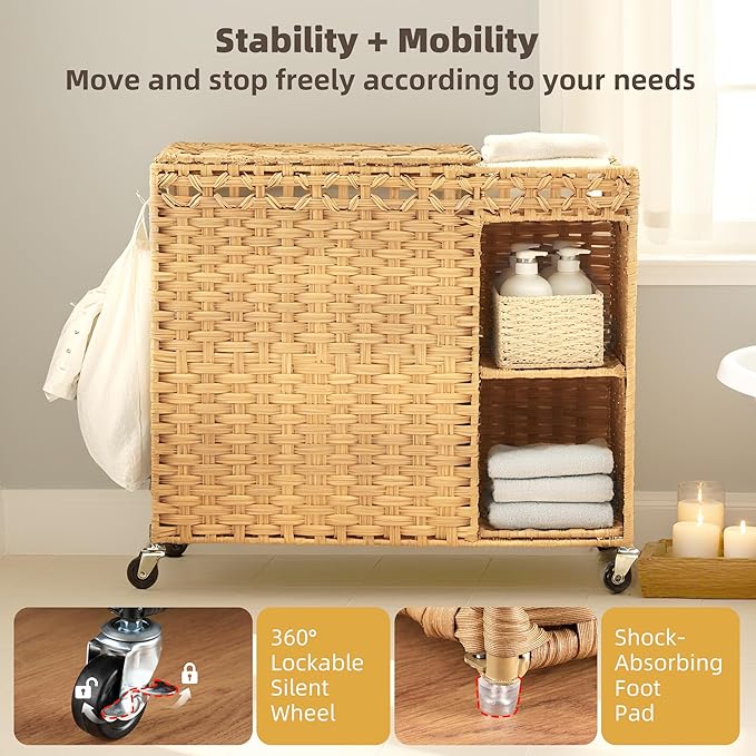 Laundry Hamper with Lid, 160L Rattan Wicker Laundry Basket with Wheels, Handwoven Laundry Hamper 2-Section with Storage shelf(42.3 Gal), Laundry Sorter Basket with Removable Liner, Natural HLH032N