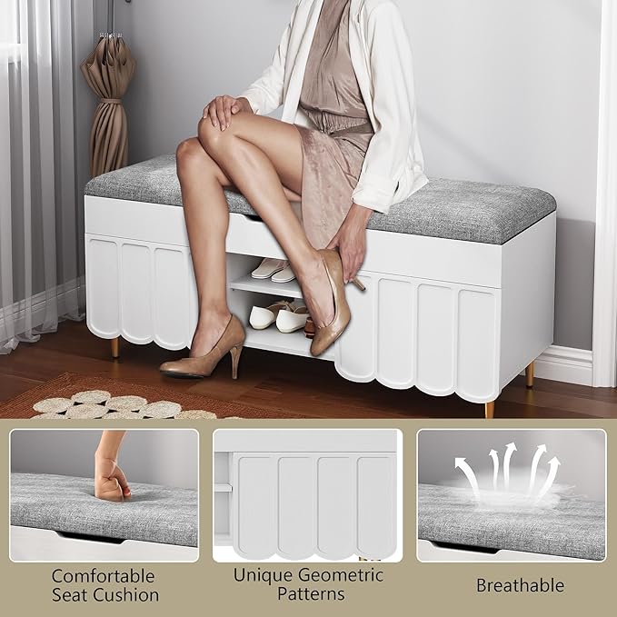 3More 40" Entryway Shoe Storage Bench,Upholstered Hidden Space Beneath Seat Cushion Bench,2-Tier Unique Geometric Shape with Wood Grain,White