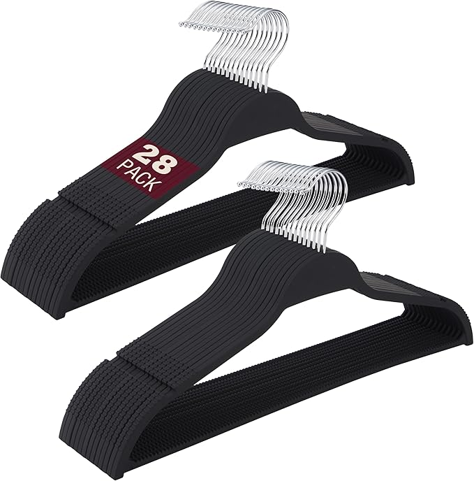 ELONG HOME Black Plastic Thin Hangers for Clothes, Upgraded Rubberized Hangers Non Slip, Durable Slim Clothing Notches Hangers, 17.7 Inches Wide for Adults Clothes, 28 Packs