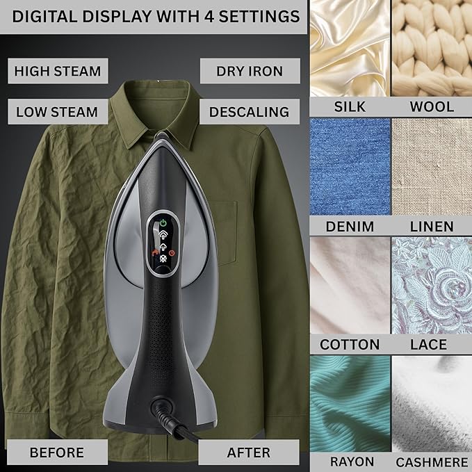True & Tidy 2-in-1 Iron and Handheld Steamer, 1600W Dual Heating System with Ceramic-Coated Plate, LCD Display, No-Drip Technology, 3 Fabric Modes, Portable Garment Steamer for Home & Travel