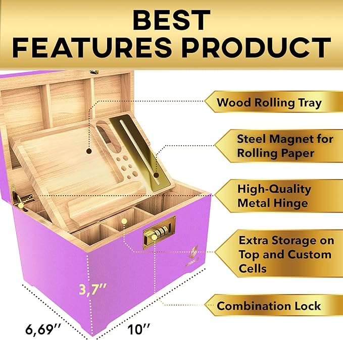 HOVANZO Premium Large Bamboo Storage Box with Removable Tray - Storage Wood Box for Herbs and Accessories - Storage Box Set with Combination Lock - Smell Proof Container with Accessories