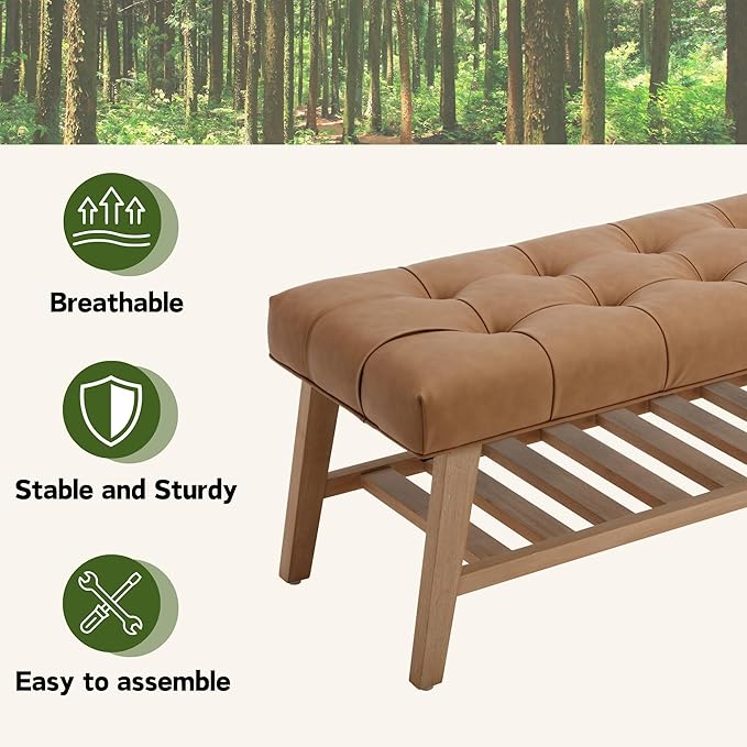 Entryway Shoe Bench Storage Benches with Upholstered Button Tufted Seat and Open Slatted Shelf PU Leather Ottoman Bench for Hallway Living Room Bedroom End of Bed, Brown